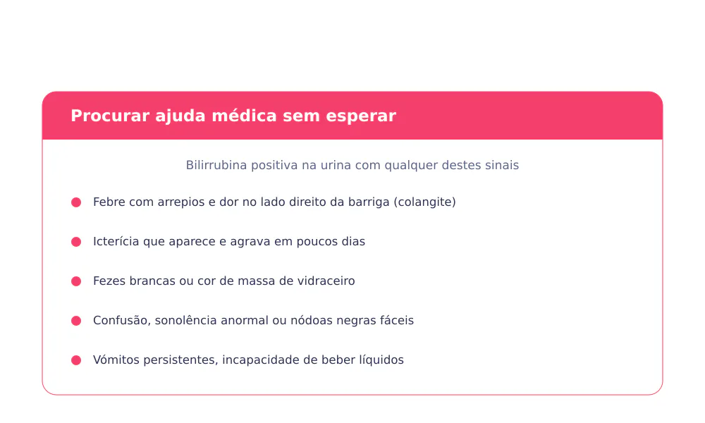 Lista de sinais de alarme perante bilirrubina positiva na urina que exigem avaliação médica imediata