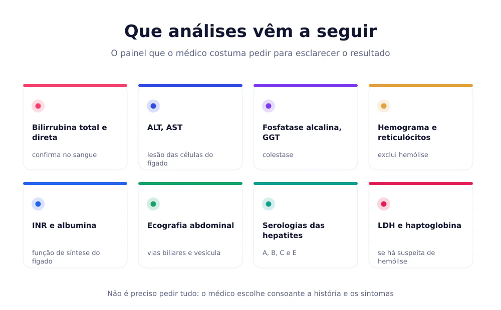 Painel de oito análises de seguimento: bilirrubina total e direta, ALT e AST, fosfatase alcalina e GGT, hemograma, INR e albumina, ecografia, serologias e LDH