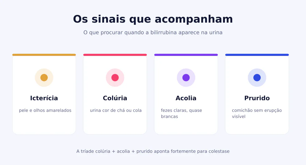 Quatro cartões com os sinais associados: icterícia, colúria, acolia e prurido