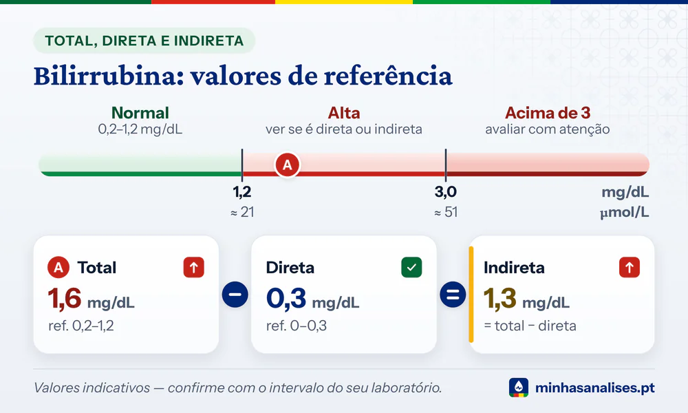 Barra da bilirrubina total em mg/dL e µmol/L (normal 0,2–1,2, alta, acima de 3) e cálculo da indireta: 1,6 − 0,3 = 1,3