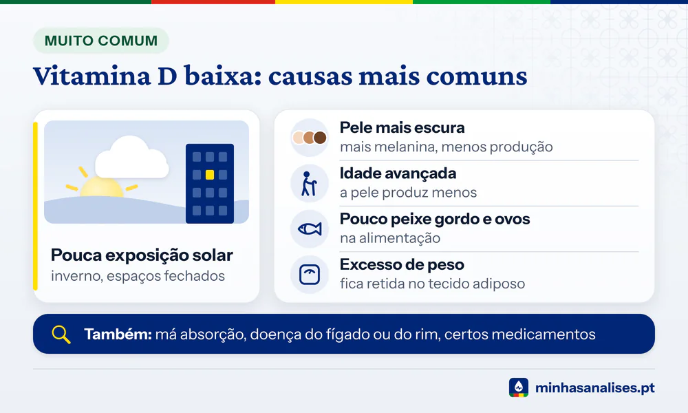 Vitamina D baixa por pouco sol no inverno, pele mais escura, idade avançada, pouco peixe gordo e ovos ou excesso de peso