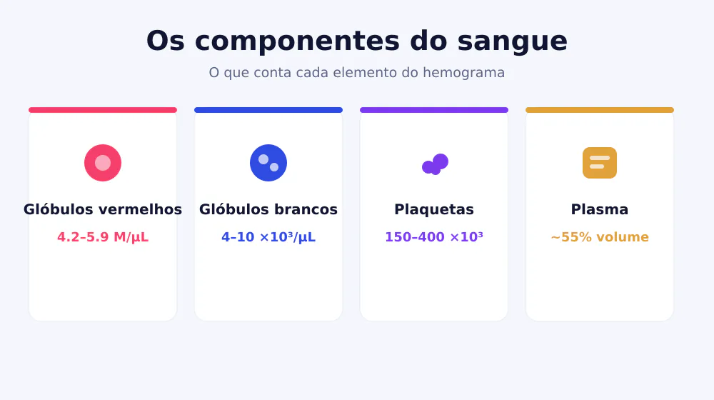 Infografia dos componentes do sangue: glóbulos vermelhos, glóbulos brancos, plaquetas e plasma com os respetivos valores de referência