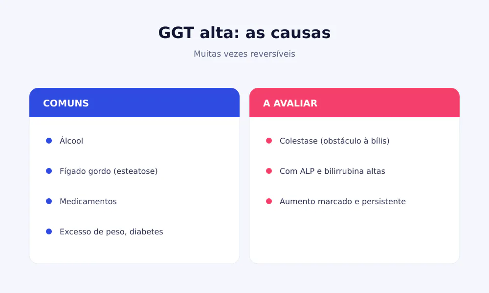 Causas da GGT alta: álcool, fígado gordo, medicamentos, colestase