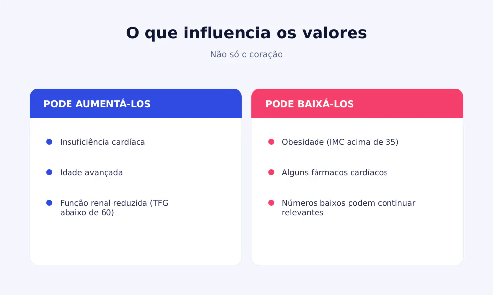 Fatores que influenciam o NT-proBNP e o BNP: aumentam-nos a insuficiência cardíaca, a idade e o rim reduzido; a obesidade diminui-os