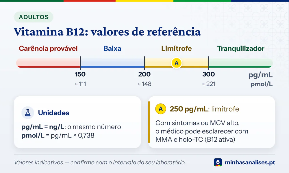 Vitamina B12 numa barra em pg/mL e pmol/L: carência provável abaixo de 150, baixa até 200, limítrofe até 300